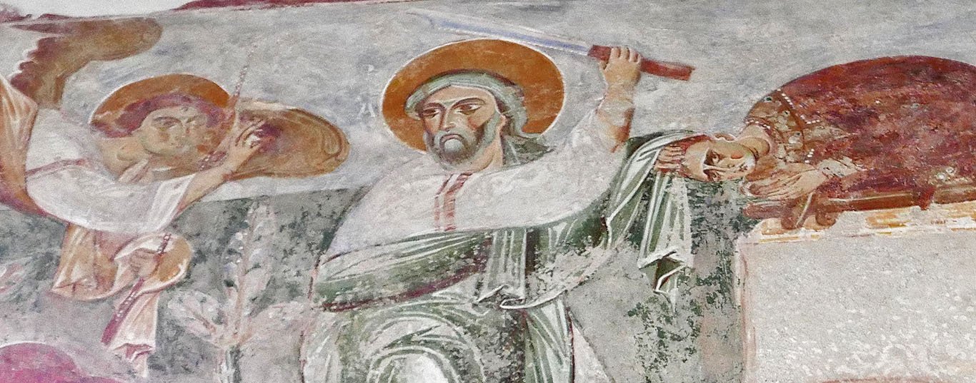 An angel flies in from the left. His gesture shows he is addressing Abraham, a man with gray hair and a gray beard, and wearing a green cloak over a white garment. Abraham turns towards him while he raises his long knife in his right hand. With his left hand, he pulls at the hair of Isaac. The boy crouches on top of an altar, his open hands outstretched, as if in supplication. He looks towards the viewer with terror marked by his wide, deeply shadowed eyes.