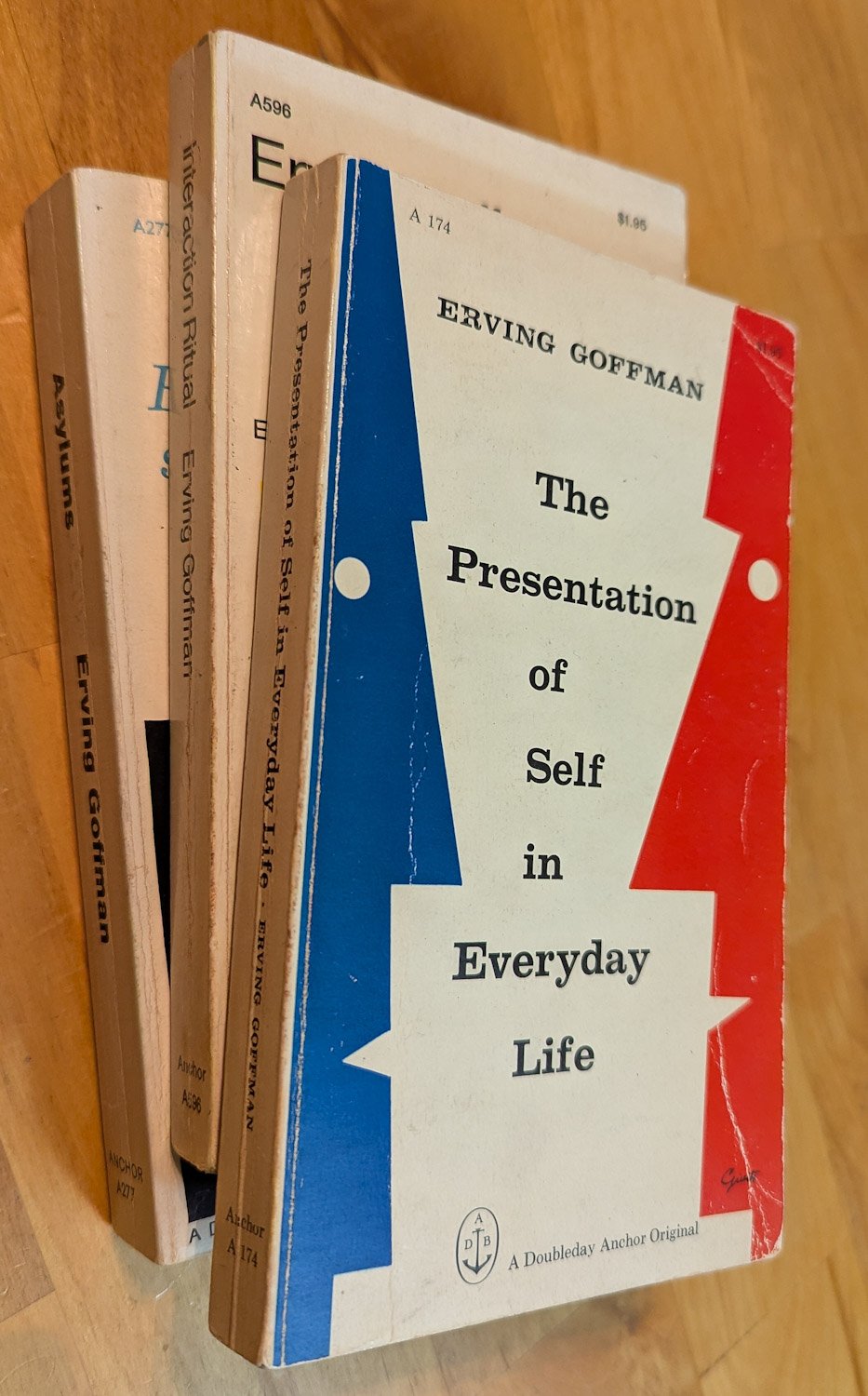 Stack of three books by Erving Goffman: Asylums, Interaction Ritual, and The Presentation of Self in Everyday Life. These Doubleday Anchor paperbacks were published between 1959 and 1967.